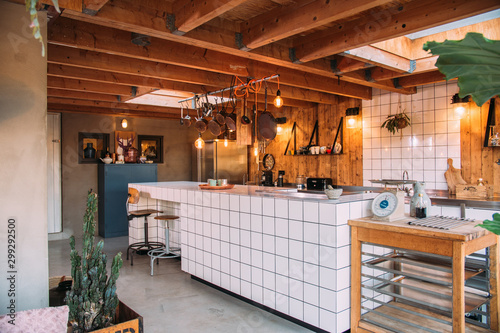 interior of a loft with a large kitchen