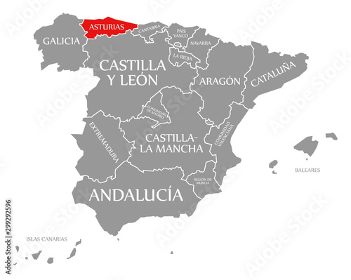 Asturias red highlighted in map of Spain