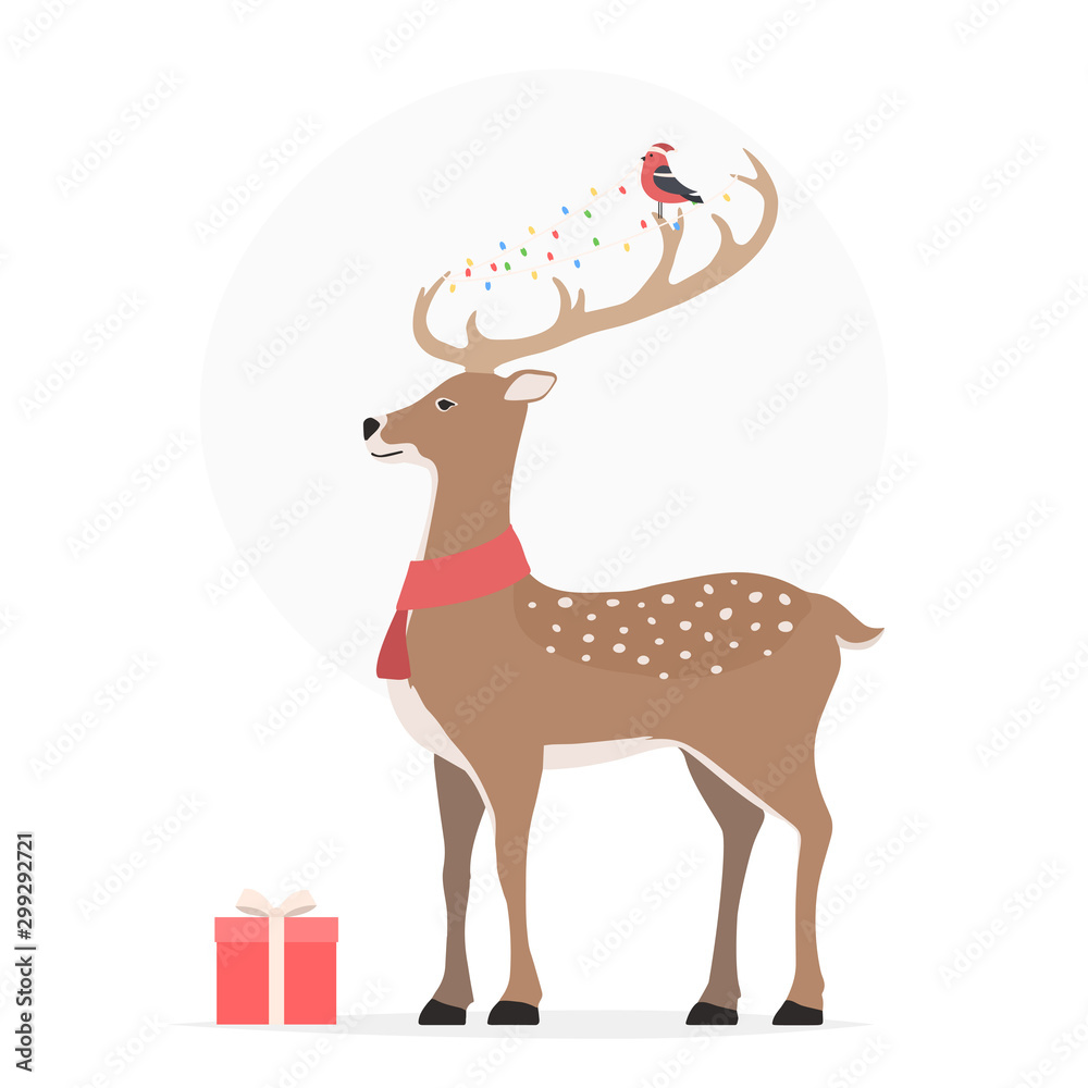 Obraz premium Cute Christmas deer and bird