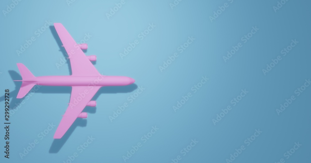 Pink passenger aircraft. Airplane from plastic on a blue background. 3d illustration. Pink passenger aircraft. Airplane from plastic on a blue background. 3d illustration.