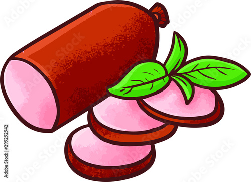 Yummy and funny big sausage get sliced with leaf