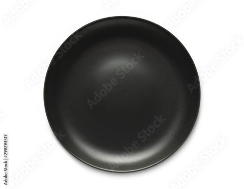 Top view empty ceramic round black plate isolated on white with clipping path and shadow.