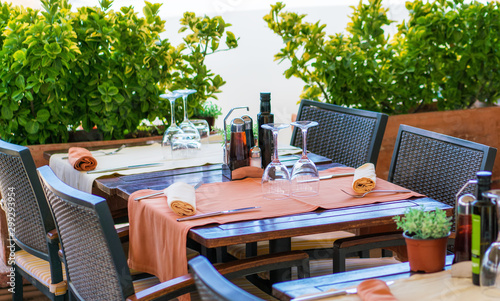 Served table at summer terrace cafe at the beach