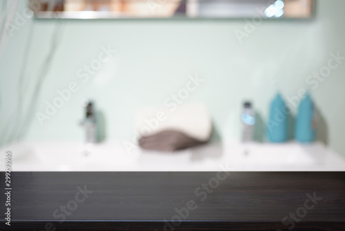 Black empty wooden table and interior kitchen background  product display  blurred light interior background with bokeh kitchen  Ready for product montage