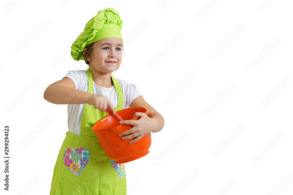 Little girl like a chef kneading dough, isolated on white, copy space Little girl like a chef kneading dough, isolated on white, copy space
