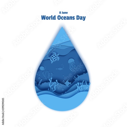 Paper cut drop form depth under water sea cave with fishes, coral reef, seabed in algae, waves. World Oceans Day 8 June. Diving concept, deep blue marine life. Vector sea wildlife.