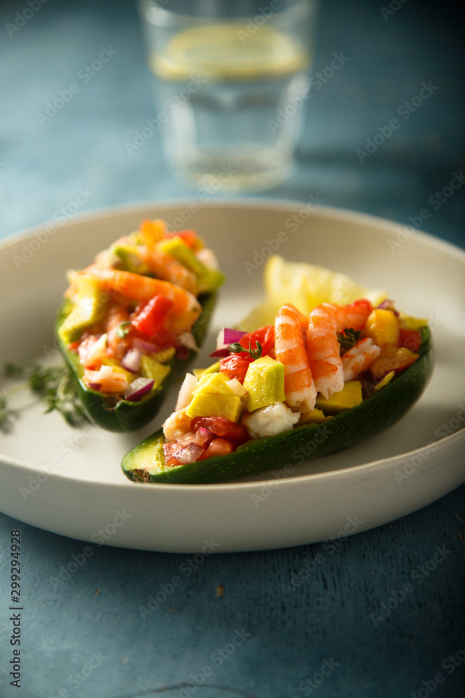 Shrimp salad served in avocado
