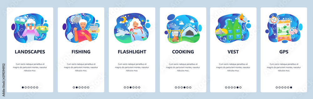 Mobile app onboarding screens. Travel and outdoor camping, campfire, map, fishing, flashlight. Menu vector banner template for website and mobile development. Web site design flat illustration