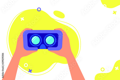 Man's hands are holding virtual reality glasses. Vector illustration in flat style. Disan banner with place for text.