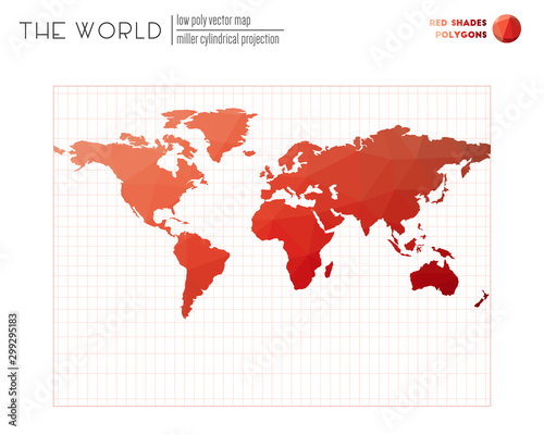 Polygonal world map. Miller cylindrical projection of the world. Red Shades colored polygons. Amazing vector illustration.