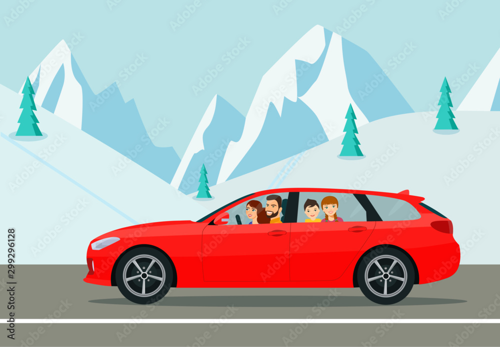 Family driving in station wagon car on weekend holiday. Winter landscape. Vector flat style illustration.