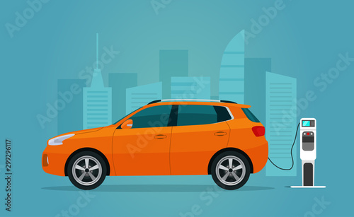 Fototapeta Naklejka Na Ścianę i Meble -  Electric compact CUV isolated. Electric car is charging, side view. Vector flat illustration. Vector flat style illustration.