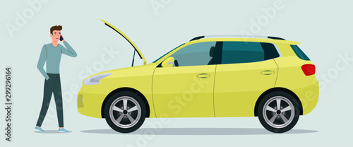 Damaged CUV car with an open hood and a young man. Vector flat style illustration.
