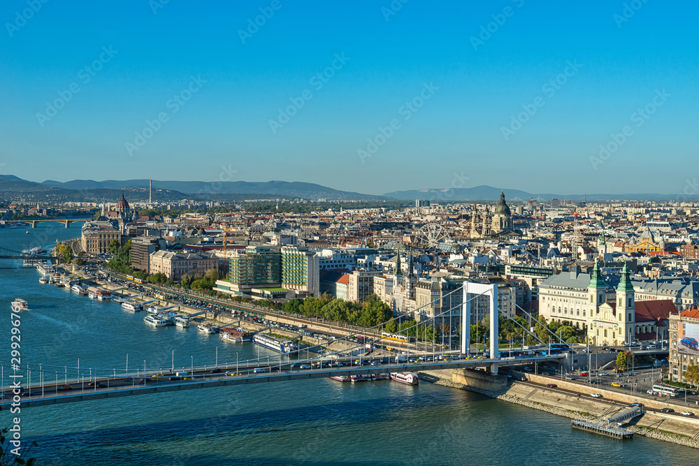 Budapest, Hungary - October 01, 2019: Panoramic cityscape view of hungarian capital city and Danube riverof Budapest from the Gellert Hill.
