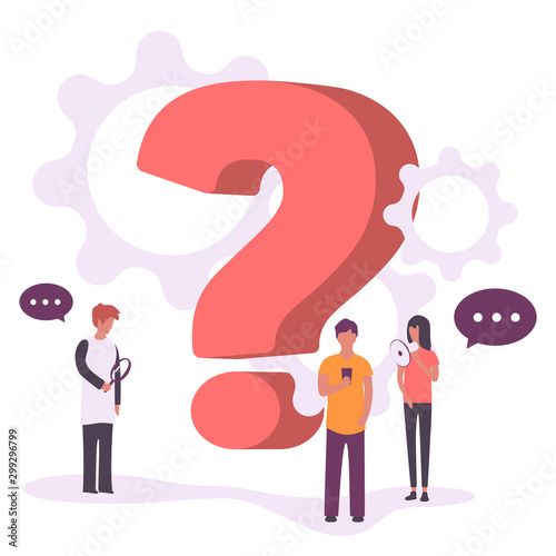 Vector illustration, concept illustration of people frequently asked questions around question marks, answer to question metaphor - vector