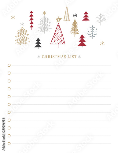 Christmas wish list with holly berry leaves and holiday tree vector template isolated on white background