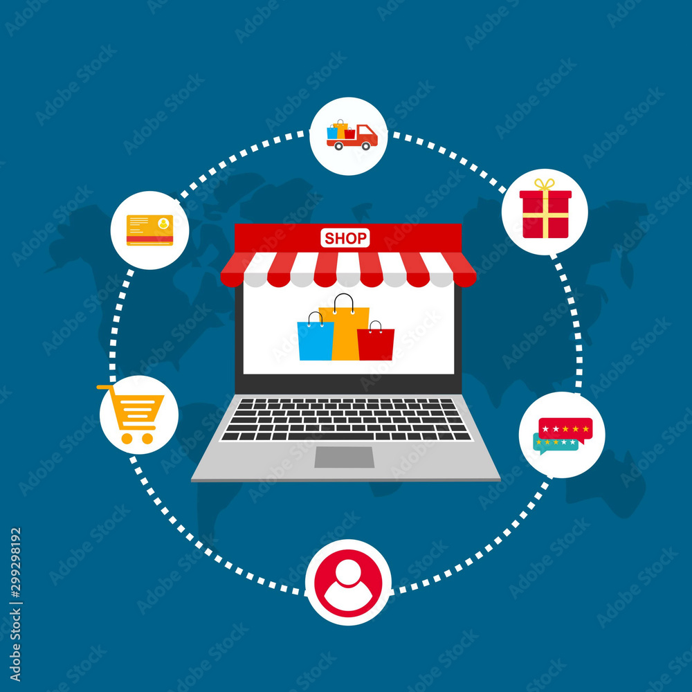 Online shopping concept with man holding smartphone and e-commerce icons vector illustration Online shopping concept with man holding smartphone and e-commerce icons vector illustration