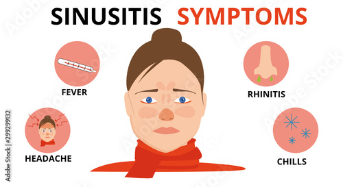 Vector sinusitis symptoms icons. Nasal diseases. Sinusitis, sinus infection diagnosis and treatment medical infographic design. Isolated illustration in cartoon style.  photo