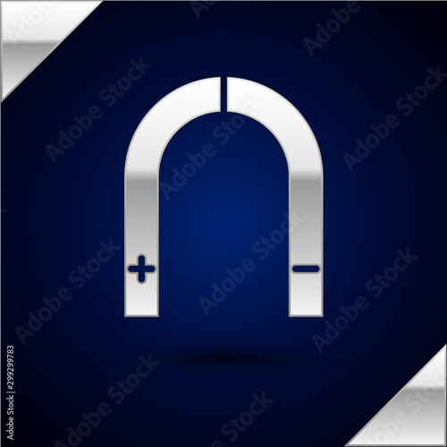Silver Magnet icon isolated on dark blue background. Horseshoe magnet, magnetism, magnetize, attraction. Vector Illustration