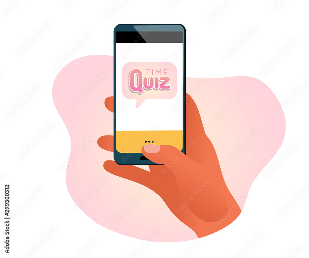 Hand holding phone with quiz time type. Social media elements stories