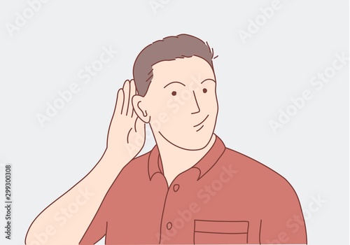 Say more loudly. Man smiling and having his hand hear his ear and showing that he cant hear. Deaf guy. Hand drawn vector illustration.