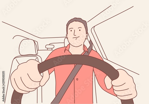 Man driving a car. Hand drawn vector illustration.