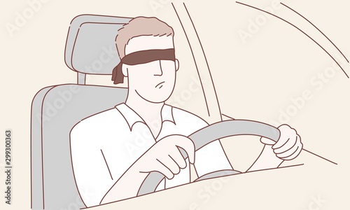 Blindfolded man drives a car. Inattentive driving concept. Hand drawn vector illustration.