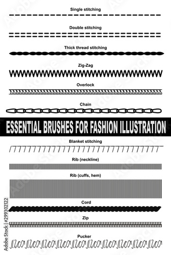 Brushes for fashion illustration. Single stitching, double stitching, thick thread stitching, zig-zag, overlock, chain, blanket stitching, rib, cord, zip and pucker.