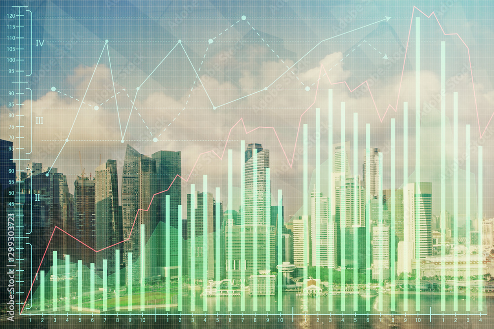 Forex chart on cityscape with skyscrapers wallpaper multi exposure. Financial research concept. Forex chart on cityscape with skyscrapers wallpaper multi exposure. Financial research concept.