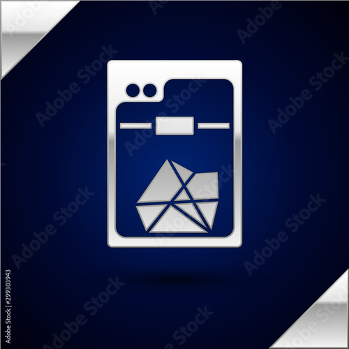 Silver 3D printer icon isolated on dark blue background. Vector Illustration