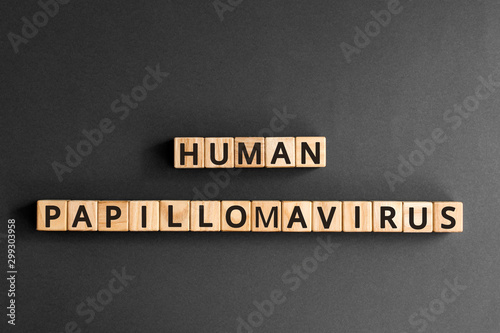 Human Papillomavirus - word from wooden blocks with letters, Human Papillomavirus HPV concept, top view on grey background