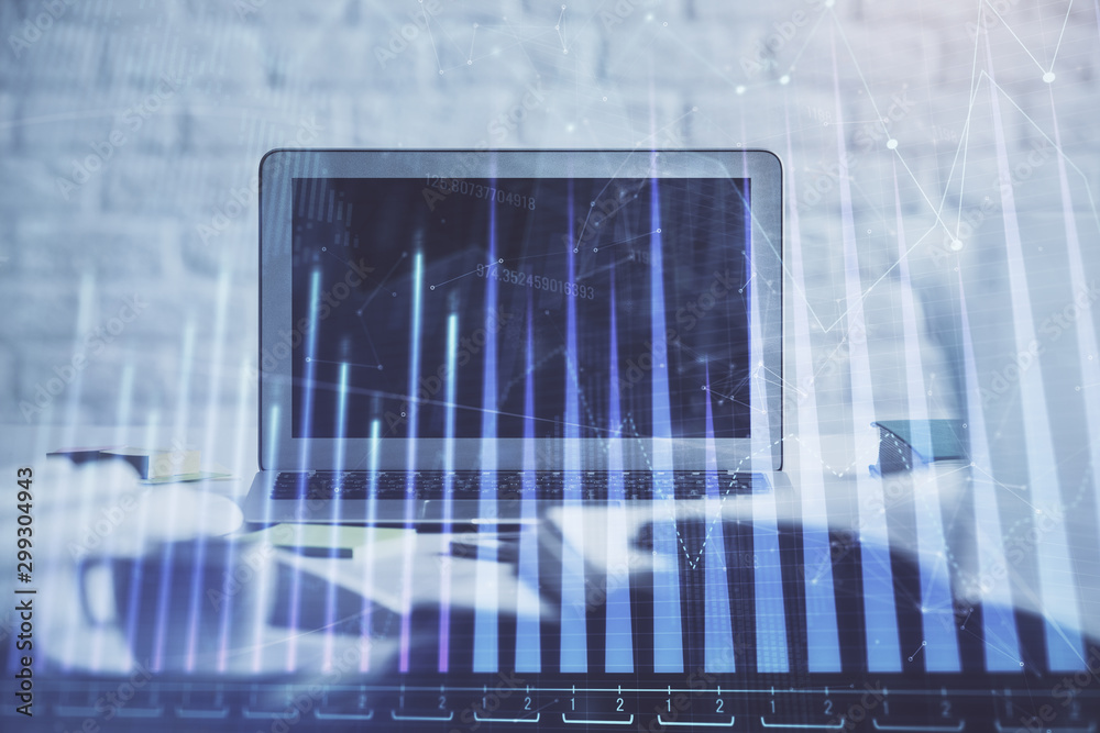 Stock market graph on background with desk and personal computer. Multi exposure. Concept of financial analysis. Stock market graph on background with desk and personal computer. Multi exposure. Concept of financial analysis.