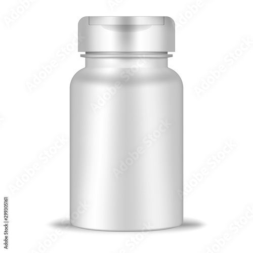 Round container with flip top cap, realistic mockup. White blank plastic bottle, vector template. Medical pill, dietary supplement, vitamin package mock-up