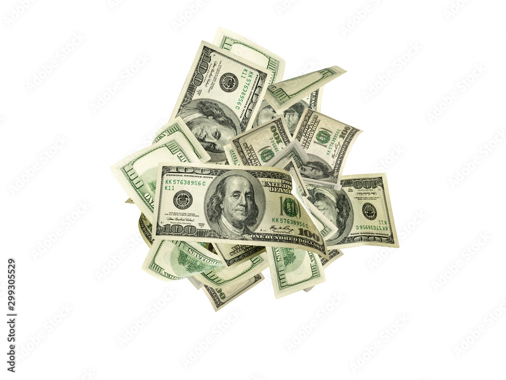 Money stack. Hundred dollars of America. Falling money isolated, us bill.
