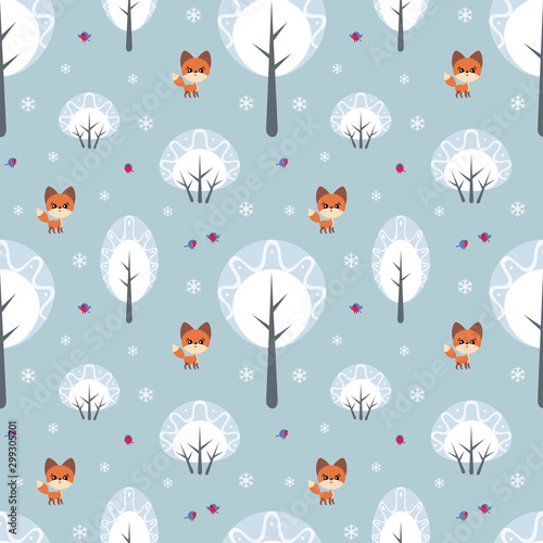 Colorful seamless pattern with cute fox and birds. Christmas vector background.