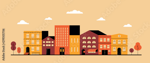 City landscape astract horizontal banner. Vector flat town block in minimal geometric style, cityscape with buildings and trees illustration, simple background design