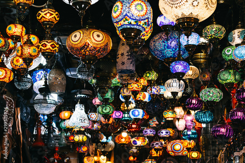 Moroccan or Turkish mosaic lamps and lanterns background; selective focus