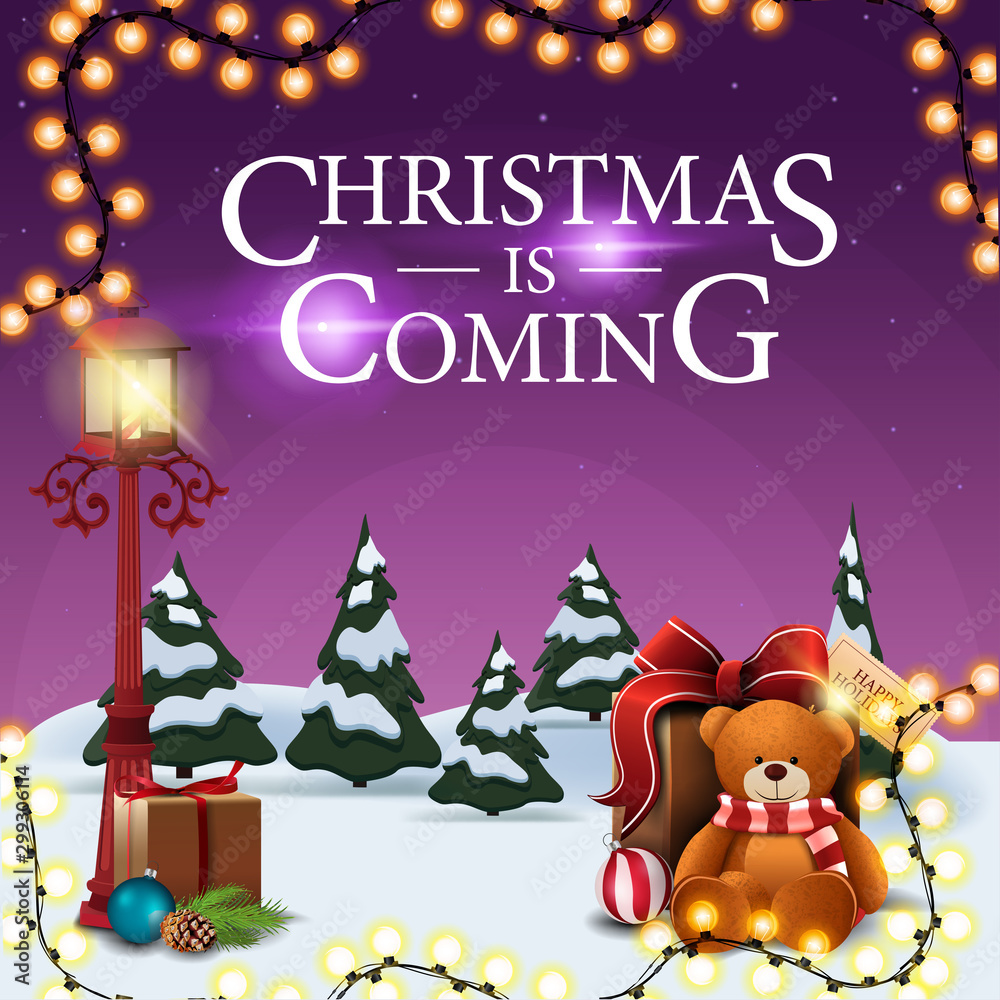 Fototapeta premium Christmas is coming, square purple postcard with cartoon winter landscape, garland, pole vintage lantern and present with Teddy bear