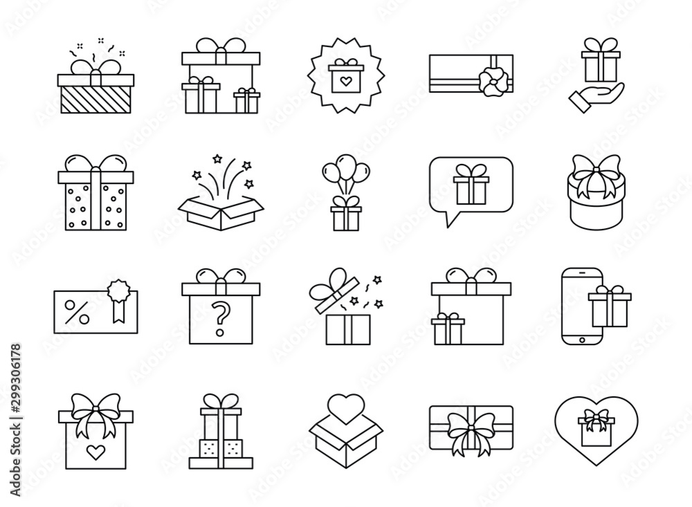 Gift box set line icons. Present box, present, discount offer, gift card. Vector outline signs for birthday, christmas, New Year surprise Gift box set line icons. Present box, present, discount offer, gift card. Vector outline signs for birthday, christmas, New Year surprise