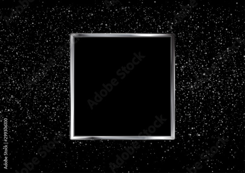 Silver metallic square frame and shiny glowing bokeh lights graphic design. Sparkling confetti background. Vector Christmas illustration