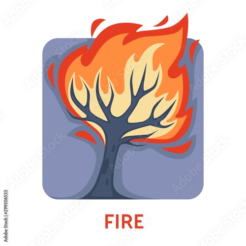 Fire natural disaster wildfire tree in flame isolated icon