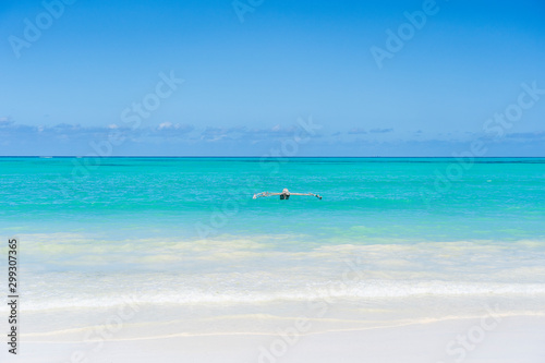 Traditional fisherman boat near the beach in clear water on tropical island Zanzibar, Tanzania