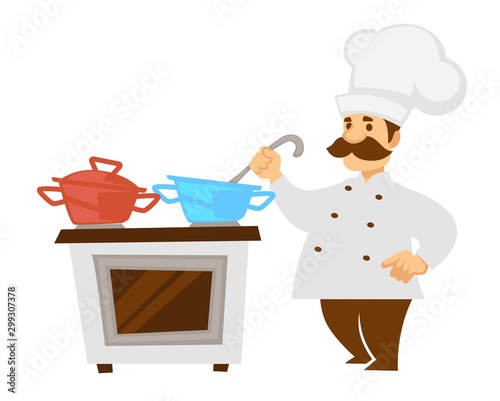 Chef or cook with cooker and saucepans restaurant kitchen isolated character