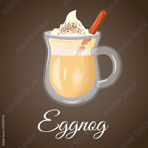 Christmas Eggnog. Hot cocktail with cinnamon and creamy foam. On brown background.