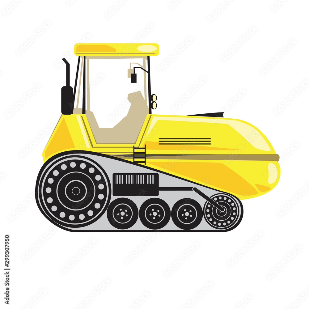 A white isolated with yellow tractor moves on a caterpillar