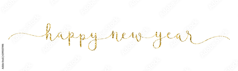 HAPPY NEW YEAR gold glitter vector brush calligraphy banner with swashes HAPPY NEW YEAR gold glitter vector brush calligraphy banner with swashes