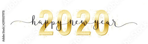 HAPPY NEW YEAR 2020 black and metallic gold vector brush calligraphy banner with swashes and confetti