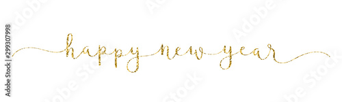 HAPPY NEW YEAR gold glitter vector brush calligraphy banner with swashes