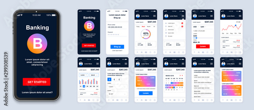 Mobile banking app smartphone interface vector templates set. Financial services online web page design layout. Pack of UI, UX, GUI screens for application. Phone display. Web design kit