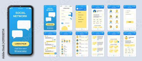 Social network mobile app interface design vector templates set. Online chatting. Internet communication. Web page design layouts kit. Pack of UI, UX, GUI screens for application. Phone display